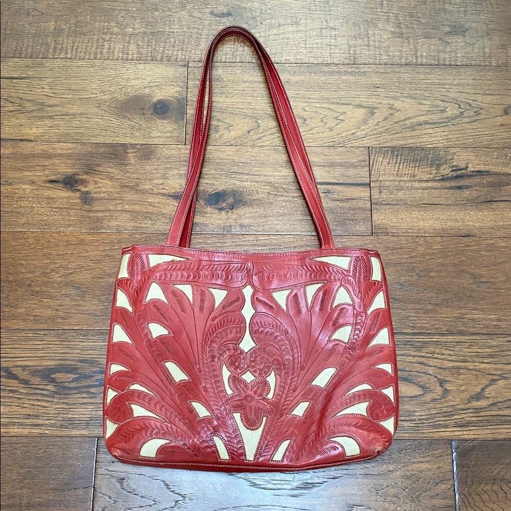 J. L. Saldivar hand-tooled leather tote shoulder bag, red and tan